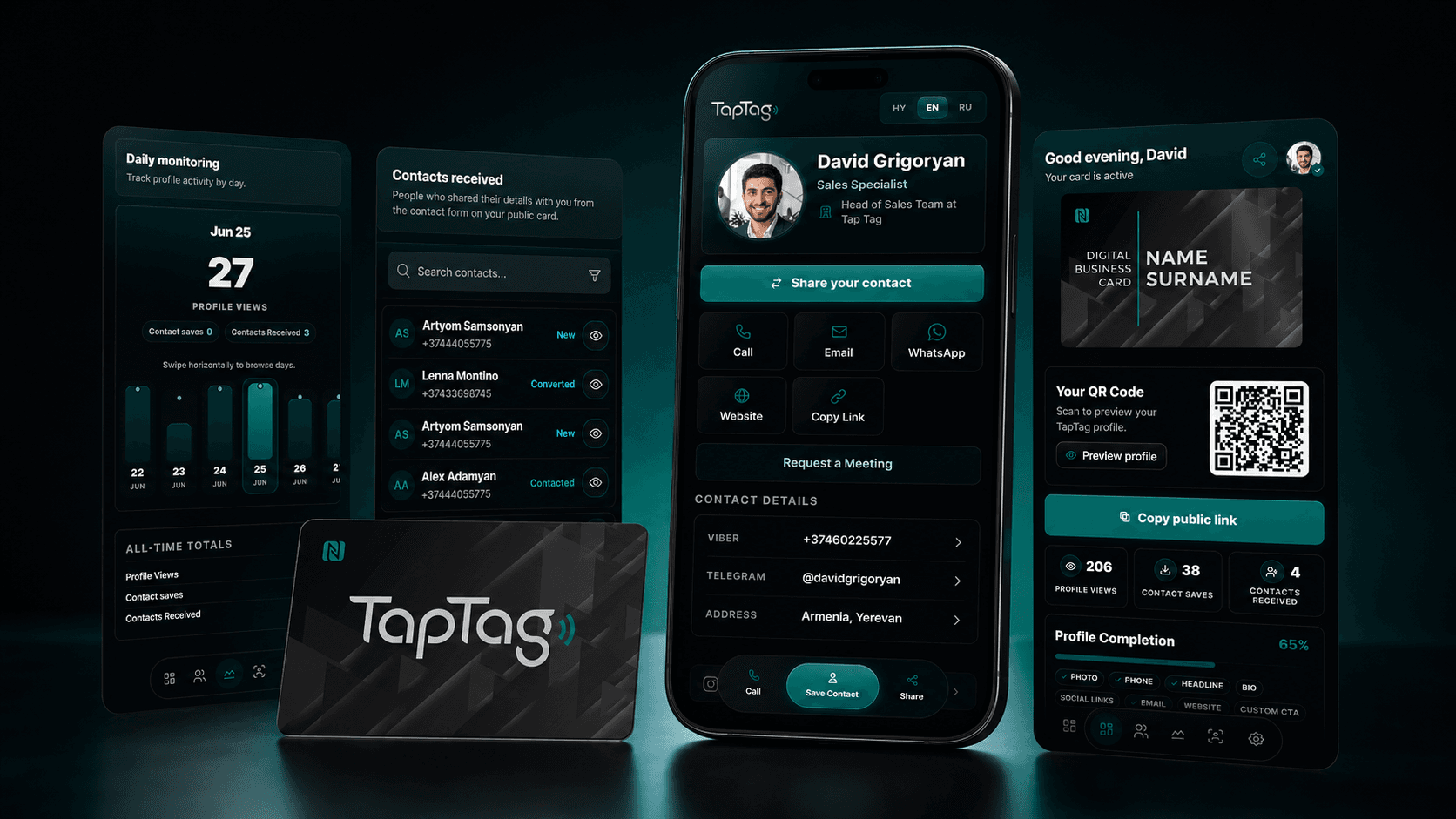 TapTag owner dashboard — analytics and contacts